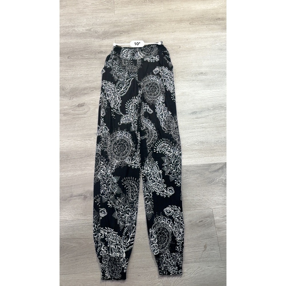 LASCANA Black White Paisley Print Jogger Pants Sz 4 Boho Lounge Comfy Y2K Resort - Picture 7 of 8